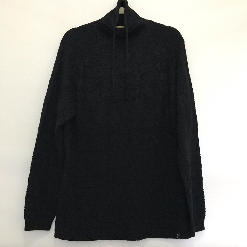 Neve Black Knit Pullover Sweater with Drawstring Funnel Neck Size L